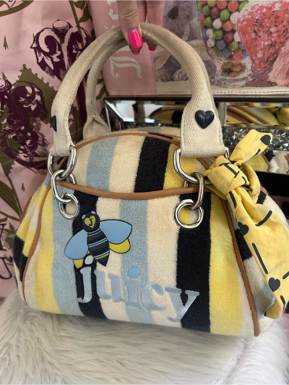Rare Y2K Vintage Juicy Couture Colorful Striped Terry BEE Bowler Satchel Bag 🐝